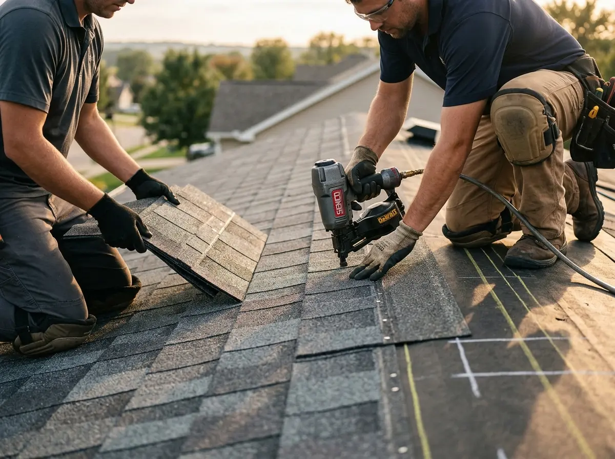 Professional roofer working on a residential roof in Redan